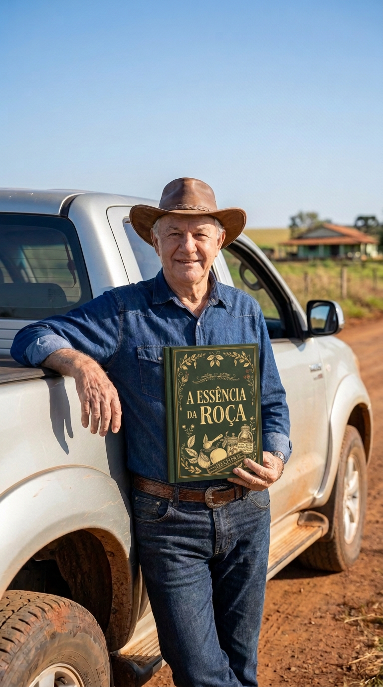Seu Zé Batista segurando o livro A Essência da Roça